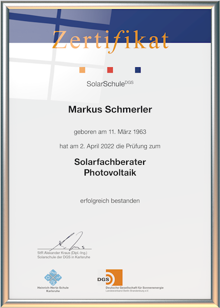 Schmerler Elektrotechnik - Zertifikat-Solarfachberater-Photovoltaik